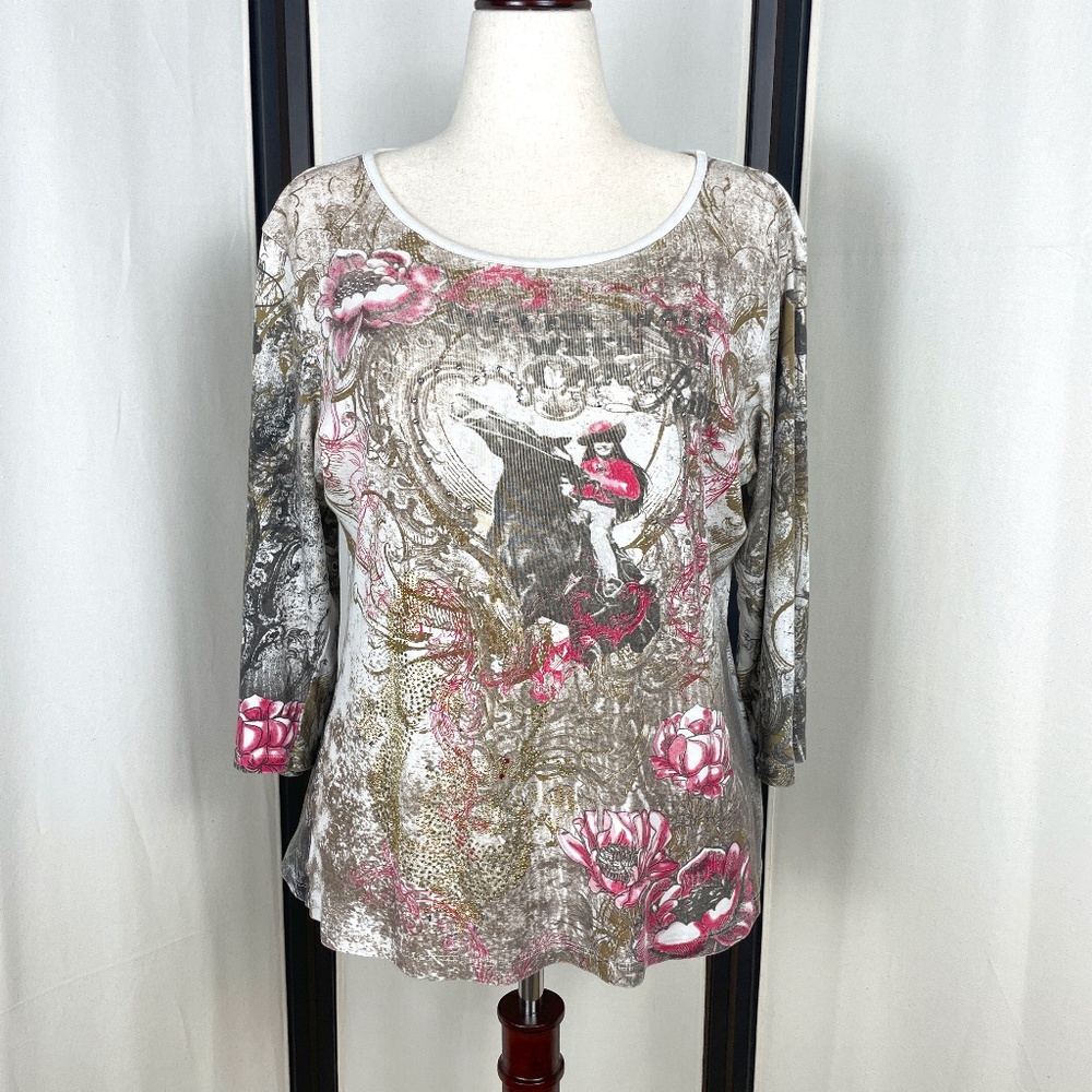 Vintage Western T-shirt Graphic Print Cowgirl Floral Size XL Rhinestones